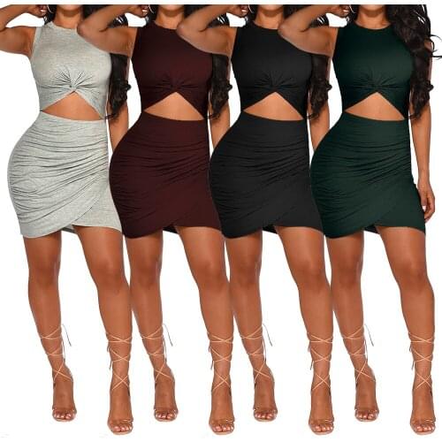 Sexy Bandage Bodycon Mini Dress Women Sleeveless Slim Solid Hollow Out Dress Summer 2019 Office Ladies Stretch Basic Dresses