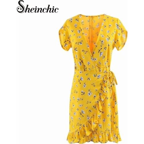 Bohemian Yellow Flower Printed Beach Dress 2021 Women Summer Ruffles Short Sleeve Mini Dresses