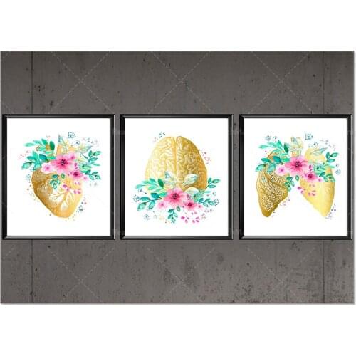 Gold Anatomy Décor Floral Heart Anatomical Brain Lungs and Flowers Print Medical Art Doctor Gift Clinic Wall Art Medical Student