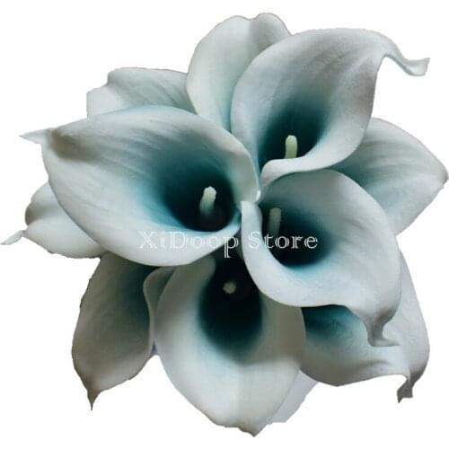 10 Picasso Teal Blue Teal Edge Calla Lilies Real Touch Flowers DIY Silk Wedding Bouquets, Centerpieces, Wedding Decorations