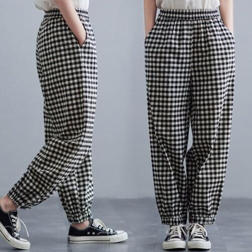 2021 Spring New Style Cotton And Linen Plaid Trouser Womens Loose Plus Size Casual Lantern Harem Pants Pockets Vintage pantalon
