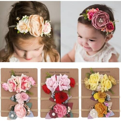 3Pcs/Set Baby Girl Headband Elastic Boho Flower Imitation Pearl Soft Nylon High Stretch Ribbon Photography Prop Hair Accessories