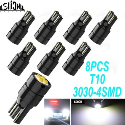 8x T10 W5W LED Car Light 3030 4SMD Wedge Bulbs 194 168 White License Plate Lamp Interior Dome Reading Map Parking Bulb Style 12V