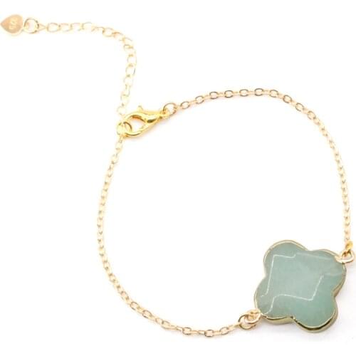 Lucky 4 Leaf Gemstone Jade Golden Sand Stone Bracelet Gold Color Fashion Flower Women Jewelry Love Bracelet GB019