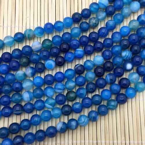 Natural Stone Beads Blue Color Line Agates Smooth Beads Round 4 mm 6 mm 8 mm 10mm 12 mm DIY Making Jewelry Supplies