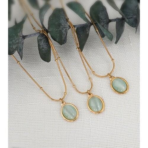 Trendy Gold Color Stainless Steel Snake Chain Oval Simulated Opal Necklaces For Women, Retro Woman Necklace Neck Jewelry