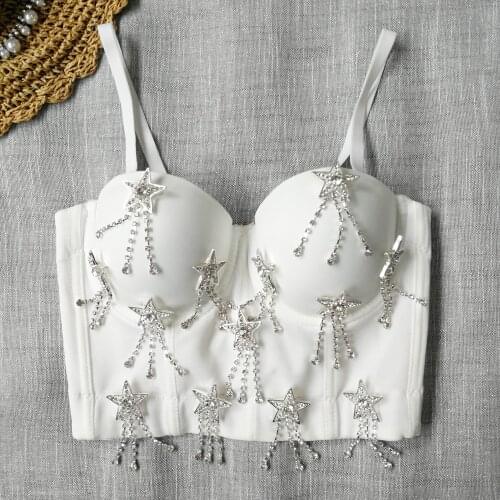 Women Diamond Five-Pointed Star Tassel Camisole Sweet Cool Bustier Bra Cropped Top Lingerie Underwear Night Club Party Tank Tops