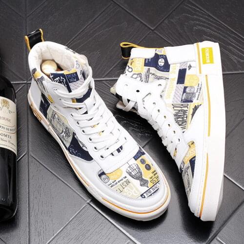 ERRFC New Arrival Hot Selling Mens Casual Shoes High Top Breathable Lace Up Print Trending Leisure Shoes Man Flat Platform White