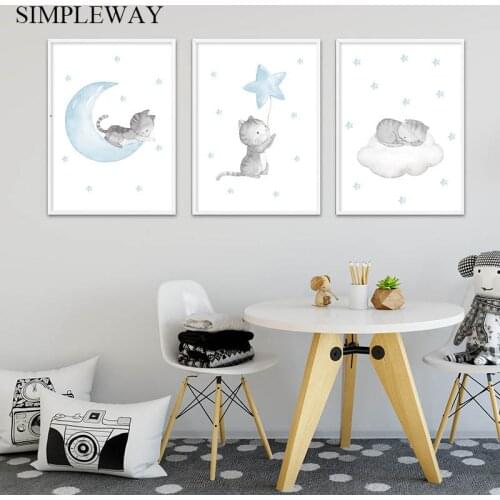 Kawaii Baby Cat Animal Canvas Art Print Nursery Wall Painting Blue Moon Star Poster Watercolor Picture Nordic Kids Bedroom Decor