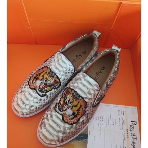 2021 new design 100% real genuine snake skin python leather leisure loafer shoe cow skin lining casual