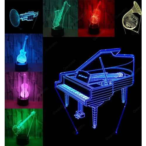 3D Illusion Night Light Led USB 7 Colors Musical Instrument Night Lamp Violin Cello Saxophone Horn Piano Guitar Lamps Kids Gifts
