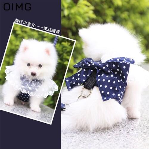 OIMG Small Dog Harness Dots Print Lace Dog Vest Adjustable Dog Leash Sets Pet Cat Harness and Collar For Chihuahua Yorkies