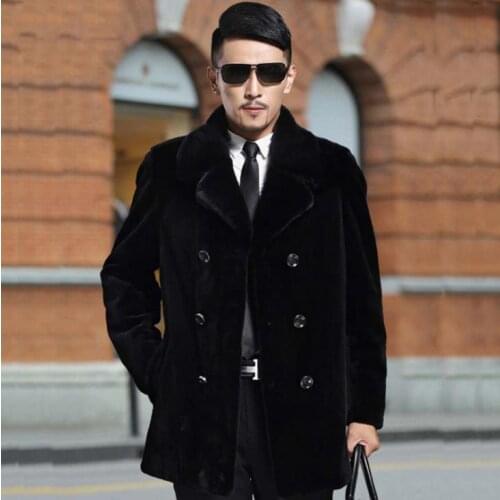 Autumn faux mink leather jacket mens winter thicken warm Double-breasted fur leather coat men slim jackets fashion black 6XL