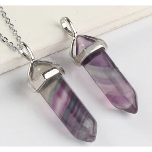 Trendy-beads Simple Style Silver Plated Hexagon Fluorite Stone Pendant Fluorite Necklace Fashion Jewelry