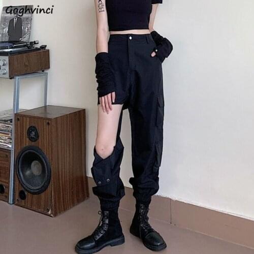 Casual Pants Women Ulzzang Hole Design Unisex Chic Summer Female High Street Cargo Trouser All-match Mujer Black Cozy Ins Kpop
