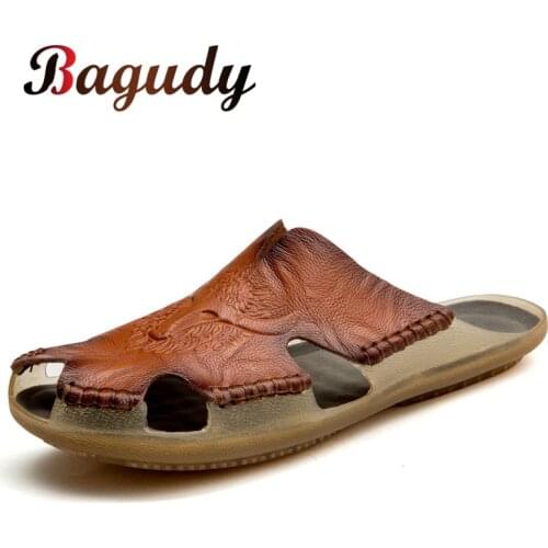 Summer Breathable Mens Sandals Soft Leather Casual Slippers Comfortable Flats Outdoor Man slippers Roman Style Beach Sandals