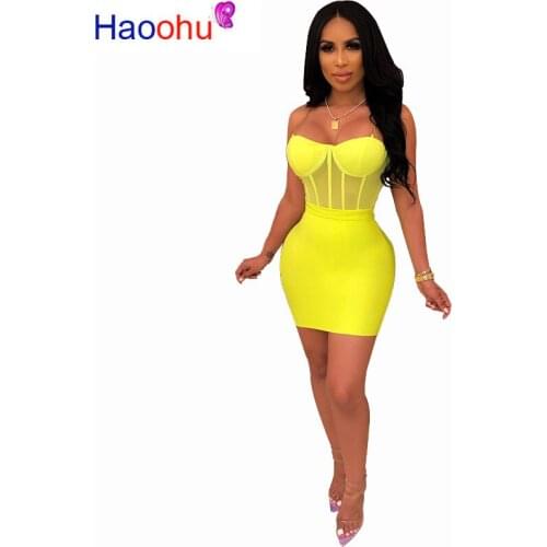 Mesh See Through Patchwork 2 Piece Matching Sets Chain Spaghetti Strap Bodysuit Top+Bandage Dress Summer Beach Outfit Tracksuit