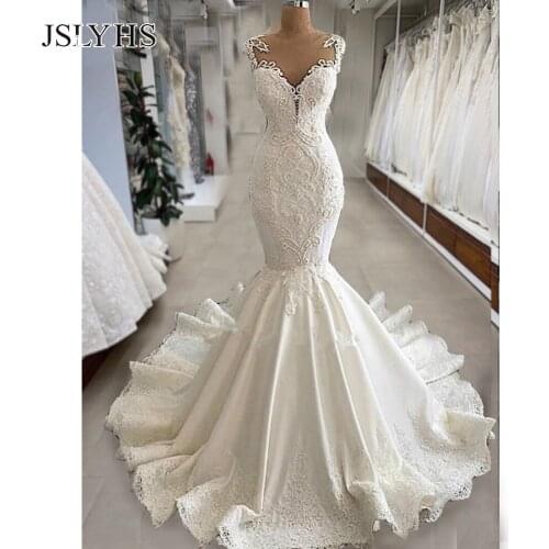 2020 Big size wedding dress, backless, Mermaid dress, pearl lace, round neck, skin tone net, ivory, white, vestido de novia