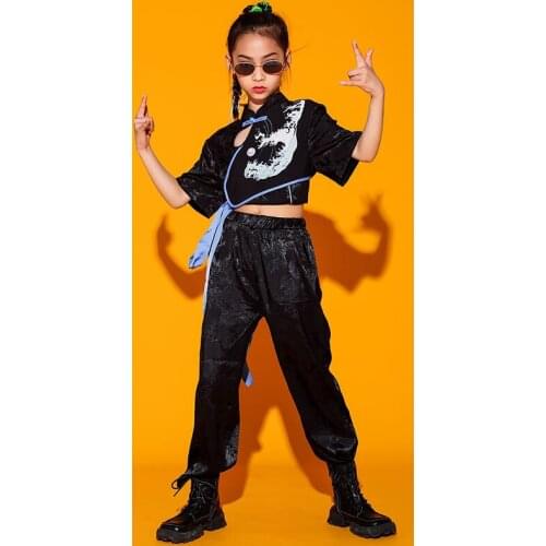 Cool Style Jazz Dance Hip Hop Clothing For Girls Black Short Sleeved Tops Pants Outfits Street Stage Performance Costume BL6098