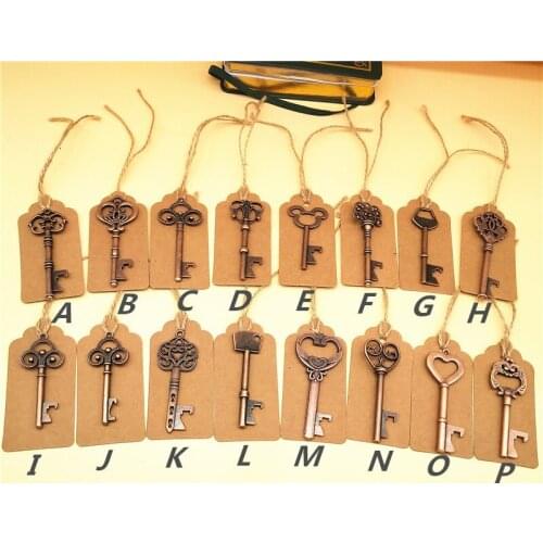 50pcs Vintage Metal Skeleton Beer Bottle Opener Key Bottle Opener with Tag Card Wedding Party Favor for Guest Wedding Decor