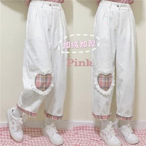 Japanese Harajuku Kawaii Corduroy Straight Pants Soft Sister Girl Cute White Thicken Warm Love Heart Patch Students Pants Autumn