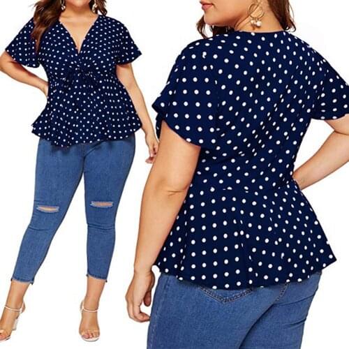Office Lady Short Sleeve V Neck Polka Dot Print Belt Large Hem Loose T-shirt Office Lady Dot Print Belt Large Hem Loose T-shirt