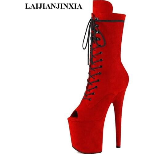 LAIJIANJINXIA New Peep Toe 8 Inches Super Stiletto Heels Flock Lace Up Mid-Calf Ankle Boots Nightclub Stripper Womens Shoes