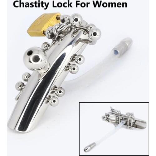 Stainless Steel Female Chastity Lock with Urethral Catheter Labia and Charistinga Piercing Lips Lock BDSM Game for Women