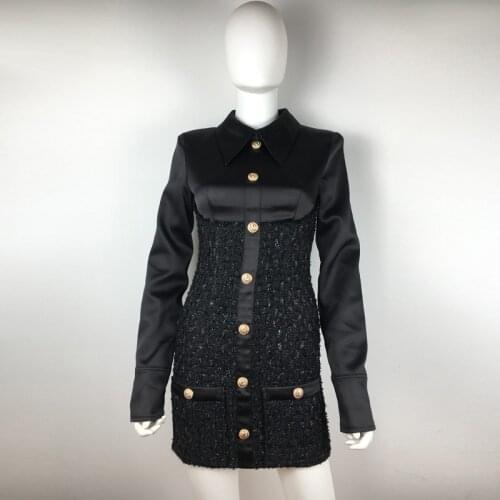 Bodycon Dress Winter 2020 Fashion Women Turn-down Collar Long Sleeve Metal Button Office Dresses Patchwork Tweed Black Dress