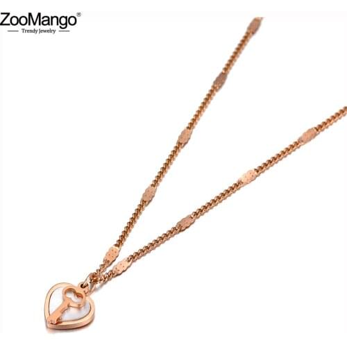 ZooMango Romantic Stainless Steel Lovely Heart Charm Choker Necklaces Shell Key Pendant Chain Jewelry For Women Collier ZN20035