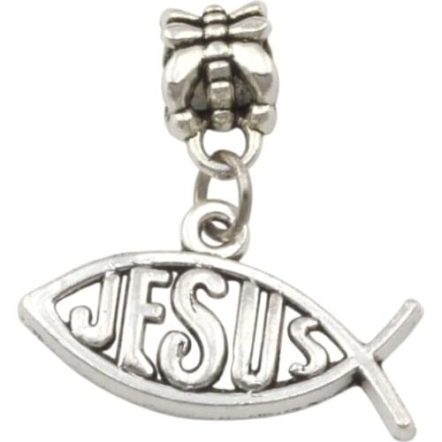 100pcs Zinc alloy Fish shape "jesus" Dangles Beads Fit European Charm Bracelet Jewelry DIY Metal 23x25mm A-213a