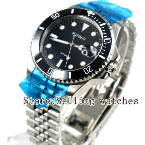 40mm Parnis Black Dial Black Ceramic Bezel Jubilee Style Strap Sapphire Glass MIYOTA Automatic Mens Watch steel case