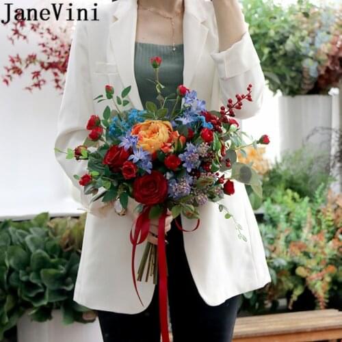 JaneVini French Style Artificial Flower Bridal Bouquet 2020 Vintage Rose Artificielle Ribbon Blue Red Wedding Bouquets for Bride