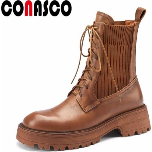 CONASCO 2021 Women Ankle Western Boots Autumn Winter Warm Cow Leather Casual Shoes Concise Design Motorcycle Shoes Woman