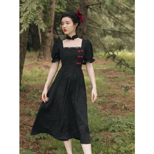 French Retro Dress Improved Elegant Cheongsam Vestido Summer Black Jacquard Fashion Chic Ruffled Square Neck Dress