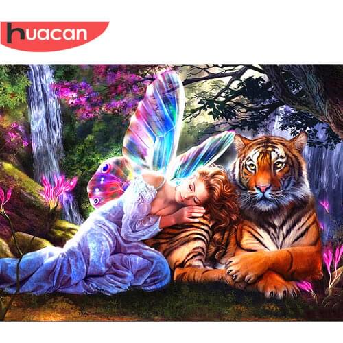 HUACAN 5D Diamond Painting Girl Tiger Full Square Cross Stitch Kit Handcraft Animal Crystal Icon Rhinestones Beaded Picture