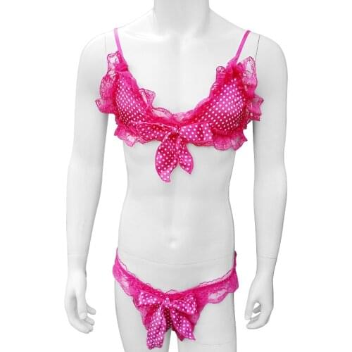 Ruffles Floral Lace Sissy Bra Set With Thongs Dot Satin Sexy Men lingerie Adjustable Strap Men Bra Clubwear Nightwear