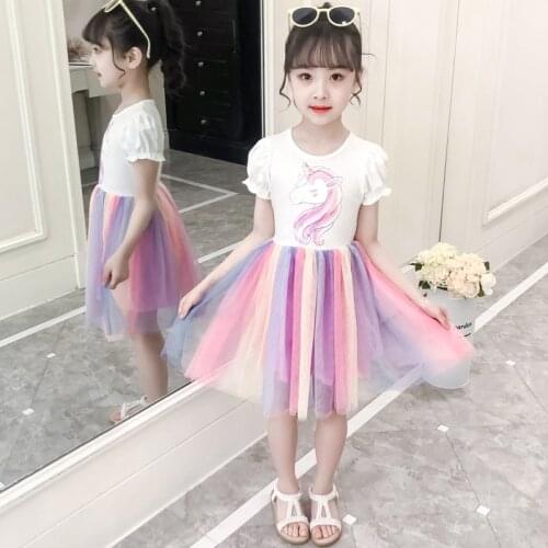 Cute Girls Unicorn Princess Dress Summer Clothes Cartoon Children Rainbow Gauze Dress Fashion Kids Birthday Party Dress Clothing