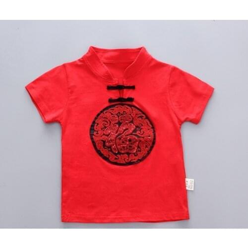 2021 New Summer Clothes for Boys Girls Two Piece Baby Chinese Style Short Sleeved Cotton Chinese Character Embroidery Suit