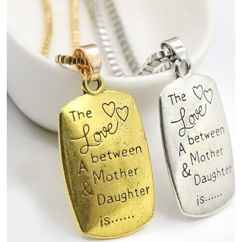 New Rectangle Pendant with Words "Love Between Mother & Daughter" Golden Silver Plated Necklace for Women
