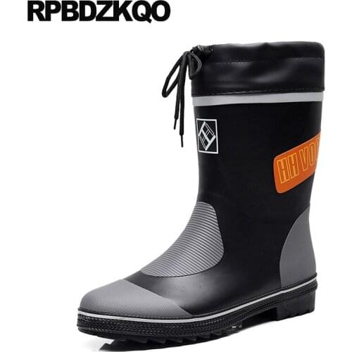 Autumn waterproof non slip cheap shoes flat mid calf black footwear winter lace up fall tall 2019 mens rubber rain boots fur