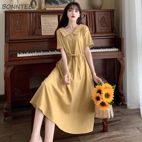 Dresses Women Solid Oversize Mid-Calf Simple Teens Basic Popular Trendy Summer Newest Korean Style College Chic Comfortable Ins