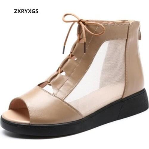 Promotion 2021 New Fish Mouth and Round Toe Summer Womens Sandals Cool Boots Breathable Genuine Leather Mesh Sandals Flat Shoes