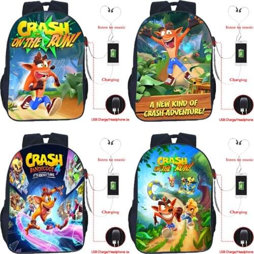 16 Inch Crash Bandicoot 4 Usb Charging School Bag Cartoon Game 3D Backpack for Boys Girls Rucksack Teens Travel Bagpacks Mochila