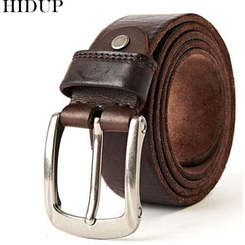 HIDUP Top Quality 100% Solid Cow Genuine Leather Belt Pin Buckle Metal Pure Cowhide Belts Retro Styles Jeans Accessories NWJ294