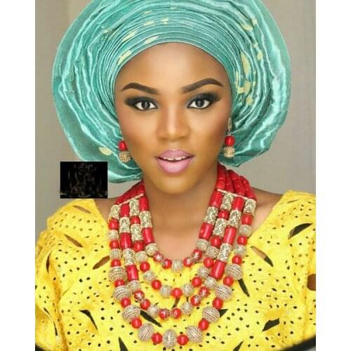 Luxury 4 Layers Red Coral Nigerian Wedding Beads Jewellery Set Dubai Gold Bridal Statement Necklace Set Free Shipping CNR163