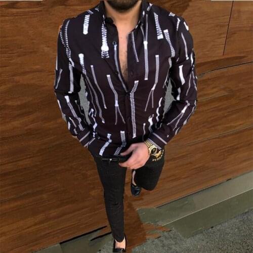 Fashion Mens Black Vintage Zip Up Striped Print Shirts 2021 Spring New Tide Slim Fit Long Sleeve Men White Shirt Casual Clothes