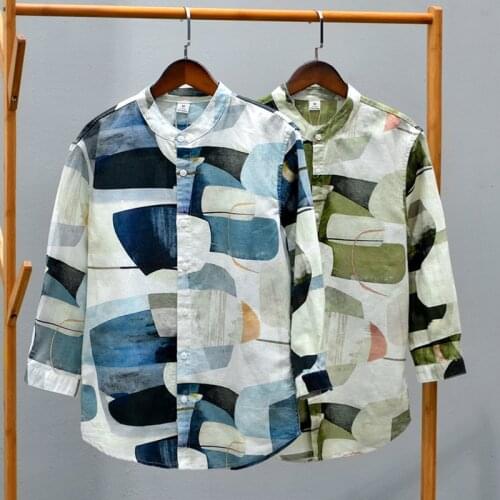 5139 Autumn Men Shirts Vintage Color Patch Cotton Linen Casual Stand Collar Three Quarter Sleeve Party Holiday Travel Camicia