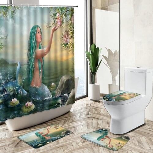 Mermaid Shower Curtain Sexy Girl Lotus Flower Green Plant Ocean Scenery Non-Slip Rug Toilet Lid Cover Bath Mat Set Home Decor