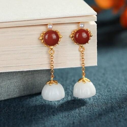 S925 Sterling Silver Inlaid Natural South Red Agate Earrings Womens Personality Fashion Simple Elegant Lotus Seedpod Earrings E